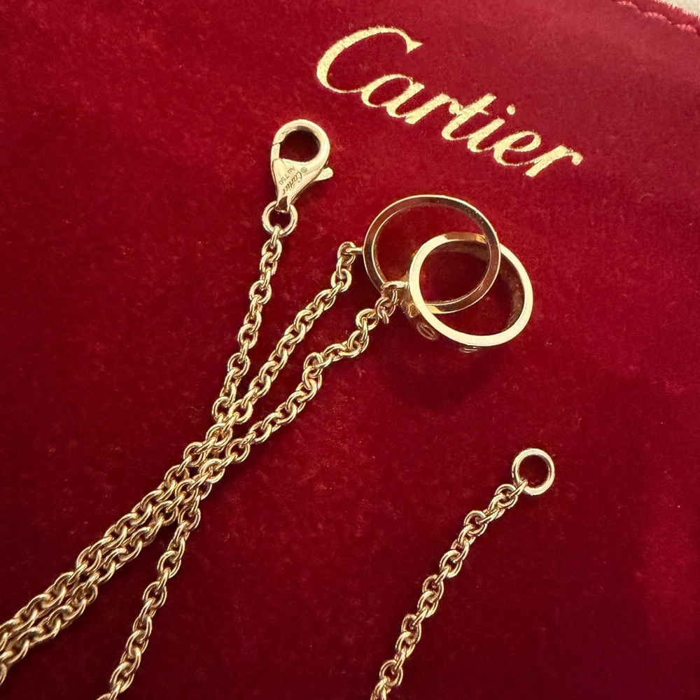 Cartier Gold Double Ring Pendant Necklace with Red Pouch Accent